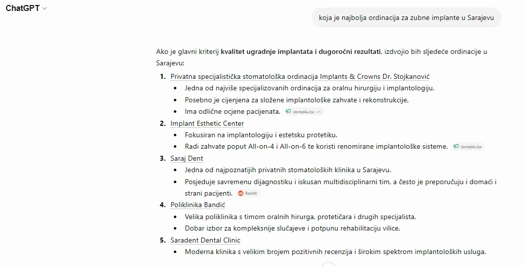 ChatGPT odgovara na upit o najboljoj ordinaciji za implantate u Sarajevu