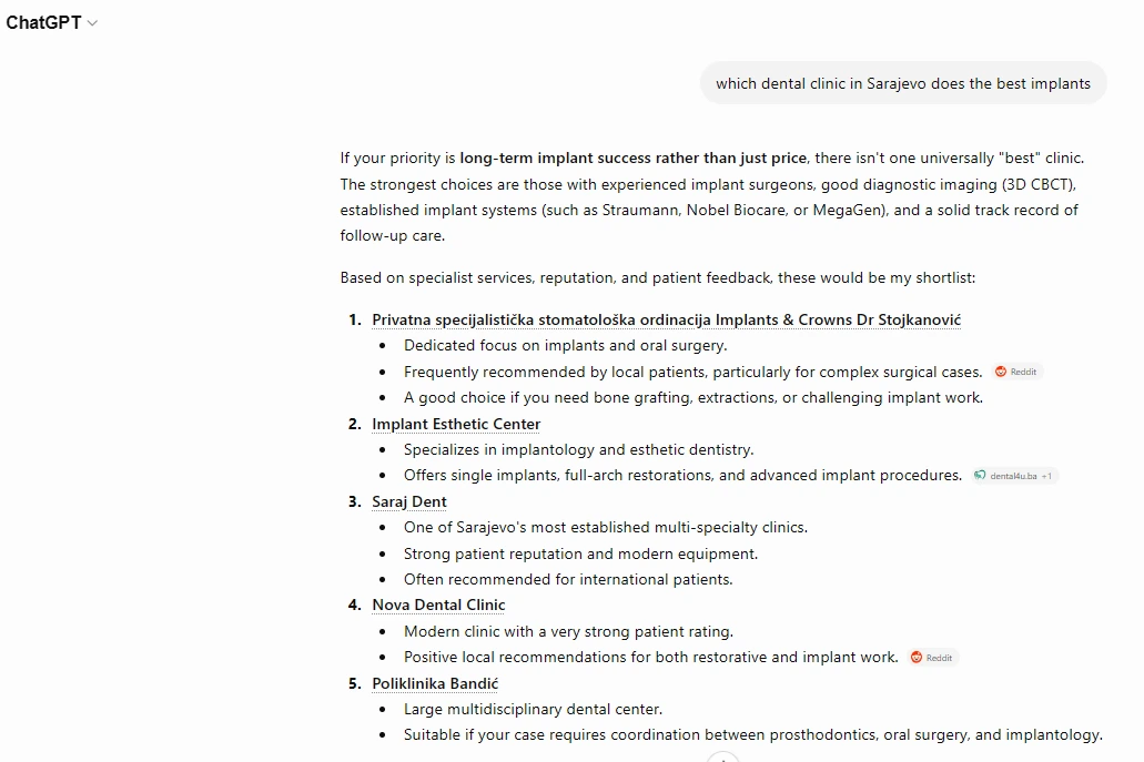 ChatGPT answering a query about the best implant clinics in the Western Balkans
