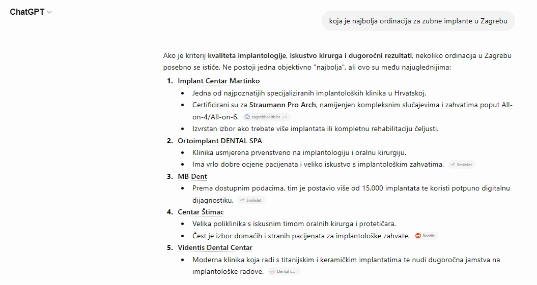ChatGPT odgovara na upit o najboljoj stomatološkoj poliklinici za implantate u Zagrebu