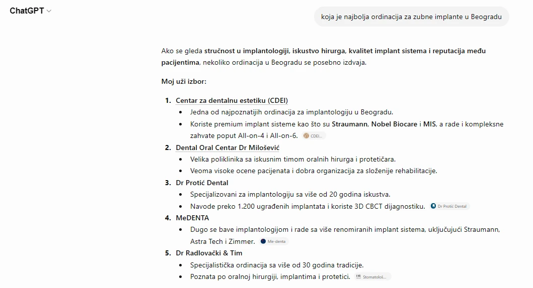 ChatGPT odgovara na upit o najboljoj ordinaciji za implantate u Beogradu